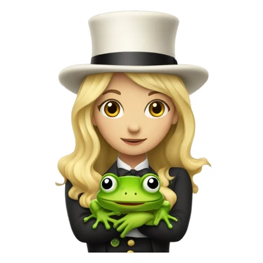 A blonde girl wearing 3 top hats on top of each other holding a frog  sticker