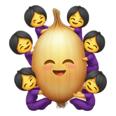 group of kawaii onions doing a catalan castellers 3 de 6 sticker
