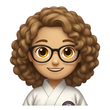 create an emoji of a girl with wavy hair, down to her shoulders, in brown, with glasses, smiling and in a jiu jitsu kimono sticker