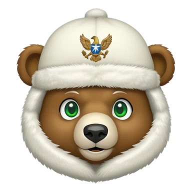 Simple cartoon bear face with green eyes and small smile, white furry ushanka hat with minimal Russian Federation eagle emblem, iOS emoji style sticker