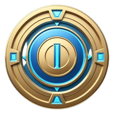 Futuristic anniversary medal badge, circular emblem with embossed Roman numeral I, metallic gold finish with electric blue glow accents, subtle outer energy ring, sci-fi web3 game UI style, polished 3D game asset, dark background, centered composition, high detail sticker