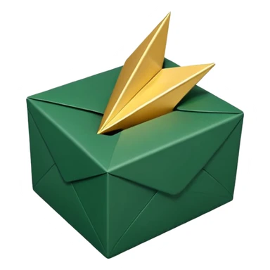 3D minimal open box with small floating icons coming out (envelope, lightning bolt, star), soft matte finish, deep green (#0B3D2C) box, gold (#C9B037) floating icons, Apple style, ultra clean and sleek, very soft ambient shadow, transparent background sticker