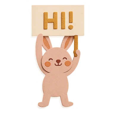 full-body rosy bunny holding a signboard high above its head, paper-craft style sticker