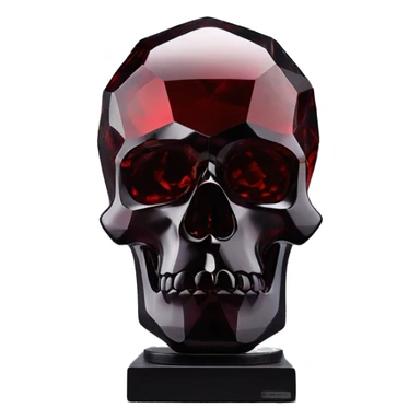 glass sculpture skyll with a geometric, faceted design. The skull is standing upright on a base with angular and baroque features. The vibrant dark shade and red highlights the sharp edges and planes sticker