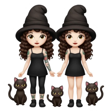 full body woman long curly brown hair brown eyes white skin tattoos black cat at feet, both wearing matching mushroom hats sticker