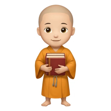 A young monk carrying a stack of ancient books, slightly wobbling but smiling softly.
 sticker