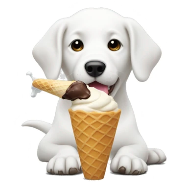 A white dog, licking up ice cream off the cement after a woman just dropped her ice cream cone sticker