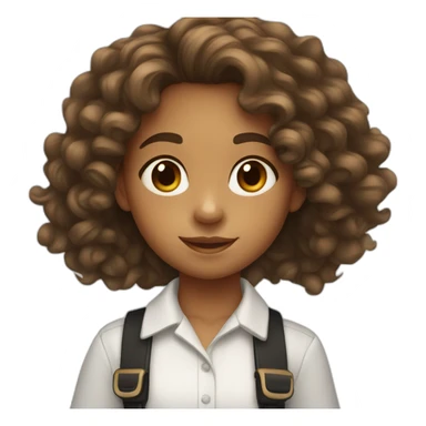 9 year old girl with long curly brown hair wearing a white shirt with black letters sticker
