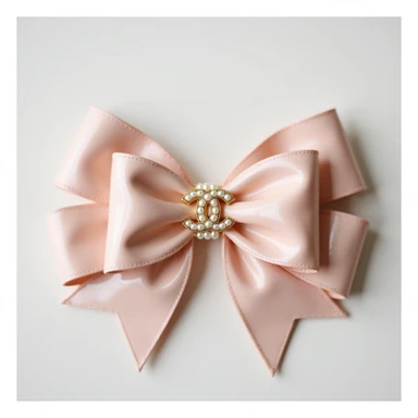 elegant bow with pearls and gold Chanel logo, glossy, pastel colors, realistic style sticker