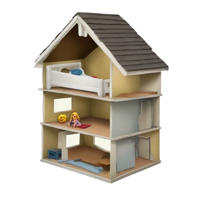 A broken-down dollhouse with a doll sitting inside, lifeless and blank-eyed sticker