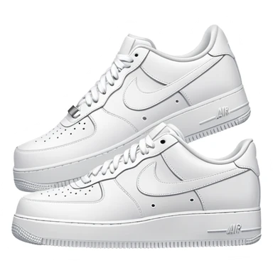 A pair of all-white Nike Air Force 1 sneakers positioned with one behind the other, clean white leather, classic AF1 silhouette, chunky sole sticker