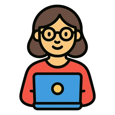 a woman with eyeglasses holding a laptop, flat icon style sticker