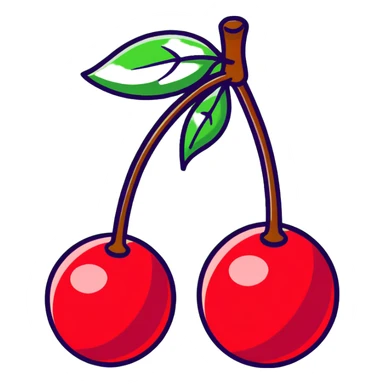 Two bright red cherries connected by a green stem sticker