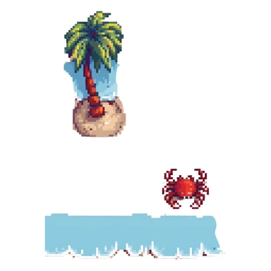 Add a small red crab on the sand near the palm tree in 16-bit pixel art style. Keep gentle waves, soft sand, and clear blue sky as in the original image. sticker