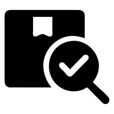 icon of a product box with a magnifying glass and a checkmark sticker