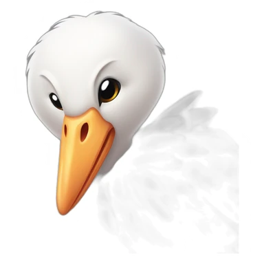  A big white stork carrying a bundle of cloth in its beak that has a cute white skinned baby face peeking out from it with black head sticker