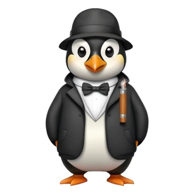 friendly anthropomorphised penguin wearing a mafia-style tracksuit, holding a cigar, secretive scheming pose, soprano vibe sticker