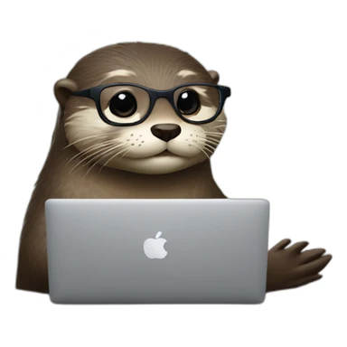 otter with glasses back leaning against a pillow with a macbook sticker