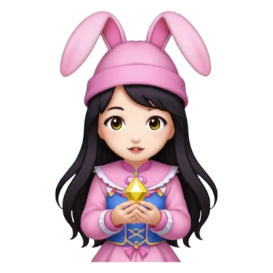 pixel art chibi asian girl with dark long hair in pink bunny ears hat magical girl with kawaii tarot cards thrown in air pixel emoji sticker