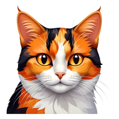 Cinematic Noble Calico Cat Portrait Emoji, Poised and regal, with a striking patchwork fur in vibrant orange, black, and white hues, delicate whiskers and a refined, focused gaze, simplified yet exquisitely detailed, glowing with a soft, moonlit radiance and an air of aristocratic elegance, high shine, exuding dignified intelligence and poised authority, soft glowing outline, capturing the essence of a watchful and noble calico cat that appears ready to grace the screen with effortless majesty! sticker