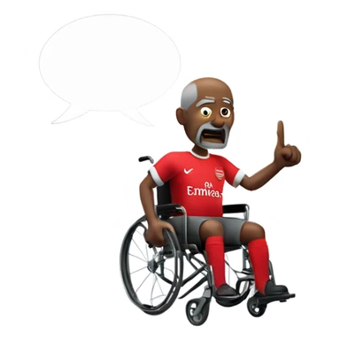old black bald man with a round belly in wheelchair. angry face. grey stubble. he is pointing finger in front. wearing Arsenal soccer shirt. a speech bubble with the word: "Mojdeh!" sticker