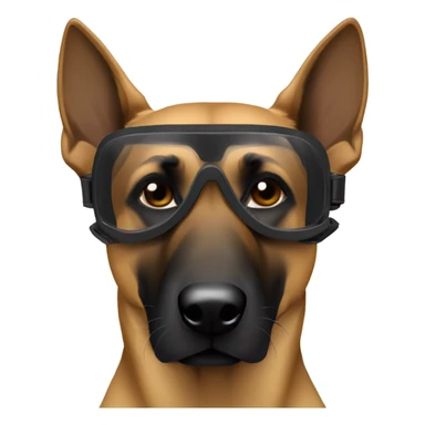 Tan Belgium malinois facing forward wearing black goggles sticker