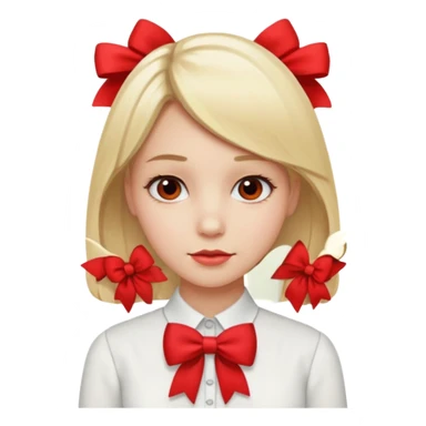 ["Fair skin female, straight blonde hair, small red bow clip."] sticker