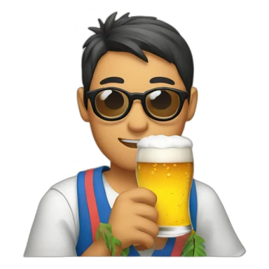 Japanese wearing roundglasses alohashirt is holding beer sticker