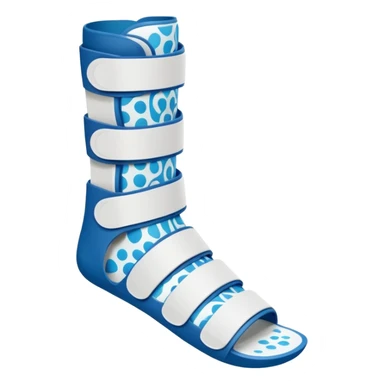 A orthopedic ankle-foot orthosis (AFO) for a small child. The brace goes just below the knee and its with a bright blue water-like pattern. It has white velcro straps across the foot and ankleand a spiral side design. sticker