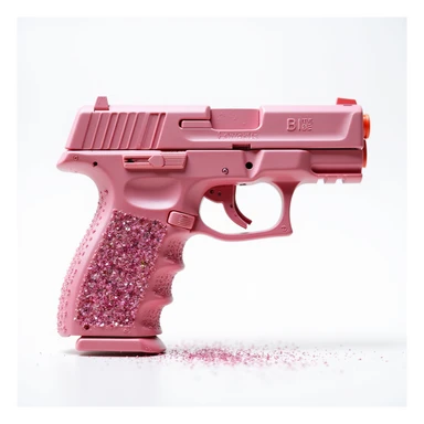 Add sparkling glitter details to the photorealistic pink heart pistol, keeping the glossy finish and white background. sticker