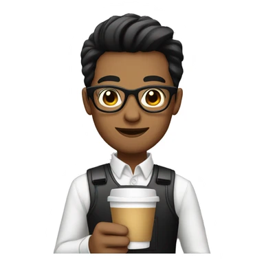 Barista with black hair, white skin, wearing glasses, and holding a coffe sticker