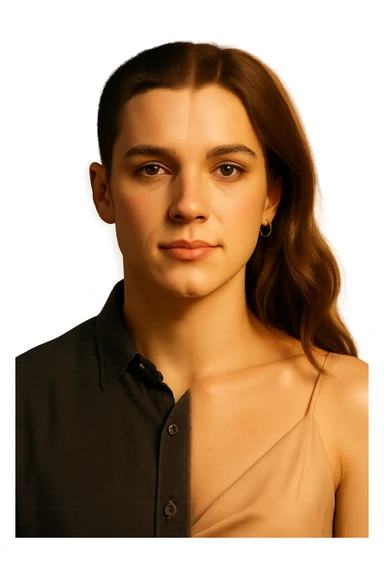 a split image—on the left, a man with short hair and masculine clothing; on the right, the same person with longer hair, makeup, and feminine attire. In the center, a gentle gradient blends the two sides, symbolizing the ongoing process of gender transition. The lighting is warm and the atmosphere is empowering. sticker