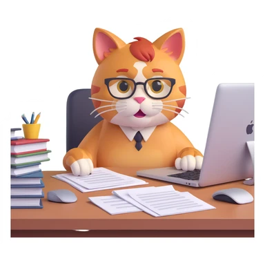 redhead cat at a desk with a MacBook, stacks of papers, looking stressed but cute sticker