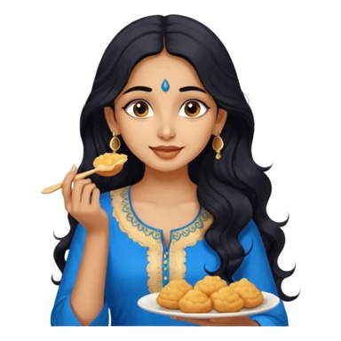 a pretty tan indian bratz girl with wavy long BLACK hair. eyeliner on, wearing a blue kurti, eating golgappa. NO SPOON sticker