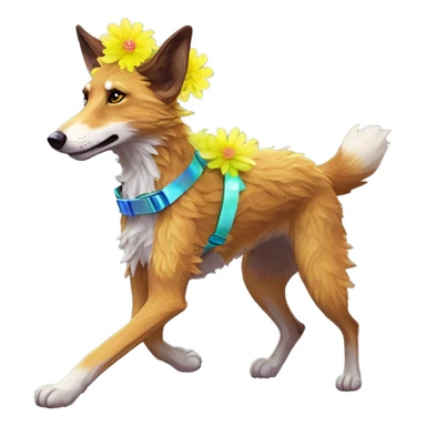  brindle fluffy lurcher fox running blue eyes fluffy ears and iridescent holographic oilslick harness wearing paper flower crown yellow caution tape neon sign sticker