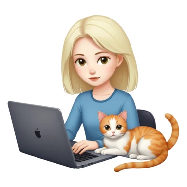 A girl is working on a laptop with a cat lying next to it sticker