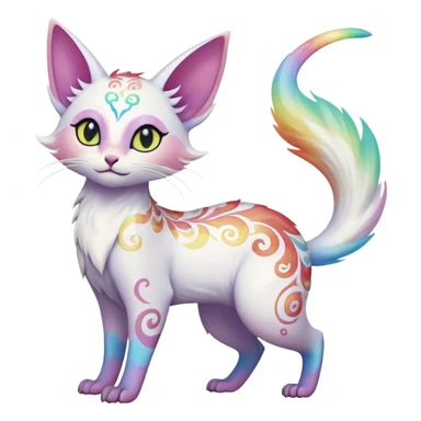 Pure-snow-White albino iridescent with pastel rainbow-gradients-color-markings with swirly patterns butterflies  faerie-Noivern-Noibat-Purloin-Torracat-Lykoi-Caracal-cat-Fakemon-fusion-hybrid-creature-jumping sticker