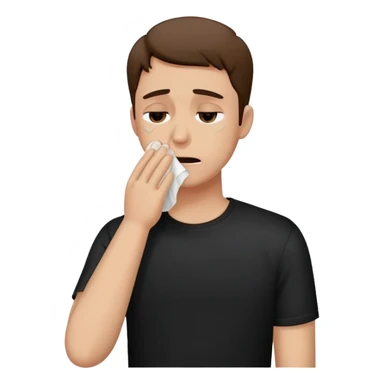 A man in a black t-shirt crying and wiping tears with a tissue sticker