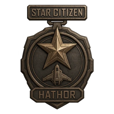 medal design for Star Citizen Hathor activity, sci-fi theme, metallic, includes a star and subtle spaceship motif, detailed, suitable for in-game achievement sticker