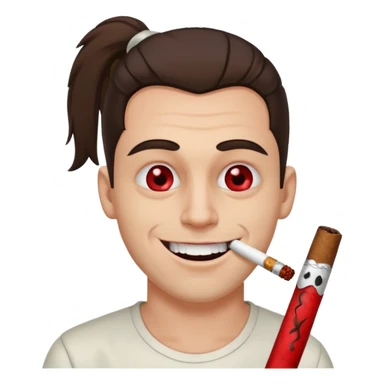 A white man with dark brown hair in a ponytail, oversized bloodshot eyes, grinning, smoking a long spliff  sticker
