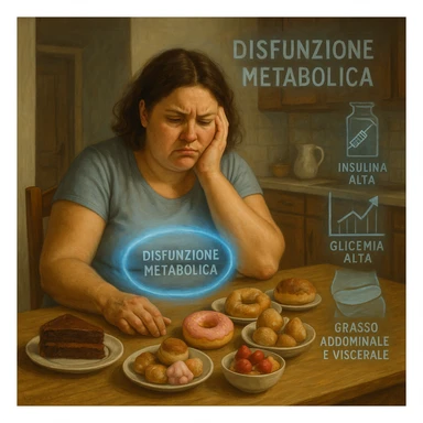 realistic surreal symbolism; woman late 30s, slightly overweight, sitting tired at kitchen table with sweets in front; frustrated expression; blue halo around abdomen (metabolic dysfunction); transparent icons: high insulin, high blood sugar (graph with upward arrows), fat on belly and hips; writings in Italian sticker