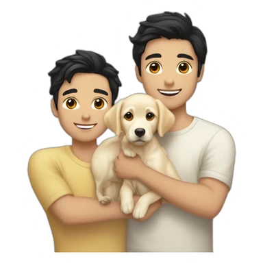 gay-couple,-1-guy-straight-blackhair australian-and-1-australian-white-guy-with-blackhair-slightly-curly-holding one light yellow labrador retriever puppy one labrador retriever puppy sticker