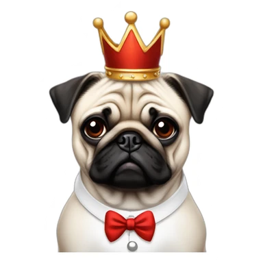 A dog (pug) with a crown in a white suit and a red bow an black baces sticker