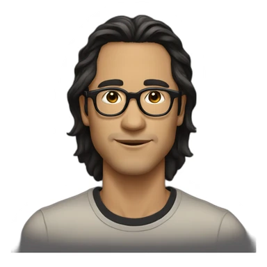 Beige guy, black eyes, black long wavy hair, no facial hair, thin long nose, round glasses, black t shirt sticker