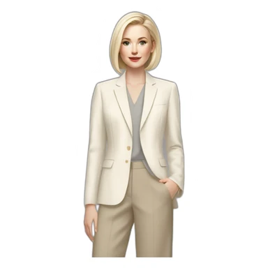 pale skin woman with ash blonde Straightened bob Hair, White Spacious classical jacket, beige palazzo Arrow pants and gray blouse holding a color palettes in the hands sticker