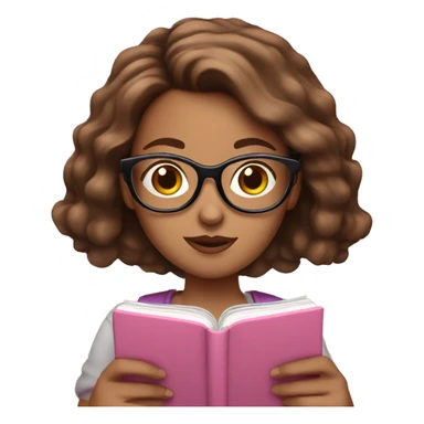 White girl with glasses and brown hair reading on a pink smart phone sticker
