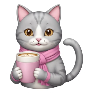 Happy gray Cat with pink scarf holding in its front two paws an hot latte sticker