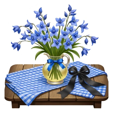 A lush bouquet of bright blue color bluebell black satin ribbon, resting on an antique wooden table, with a pale yellow and pink plaid pattern table cloth sticker