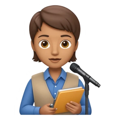 Apple Memoji-style 3D emoji of a journalist holding a microphone and notepad, smooth gradients, rounded shapes, no background. sticker