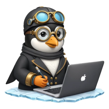 an steampunk engineer penguin writing code on a laptop, on an iceberg sticker